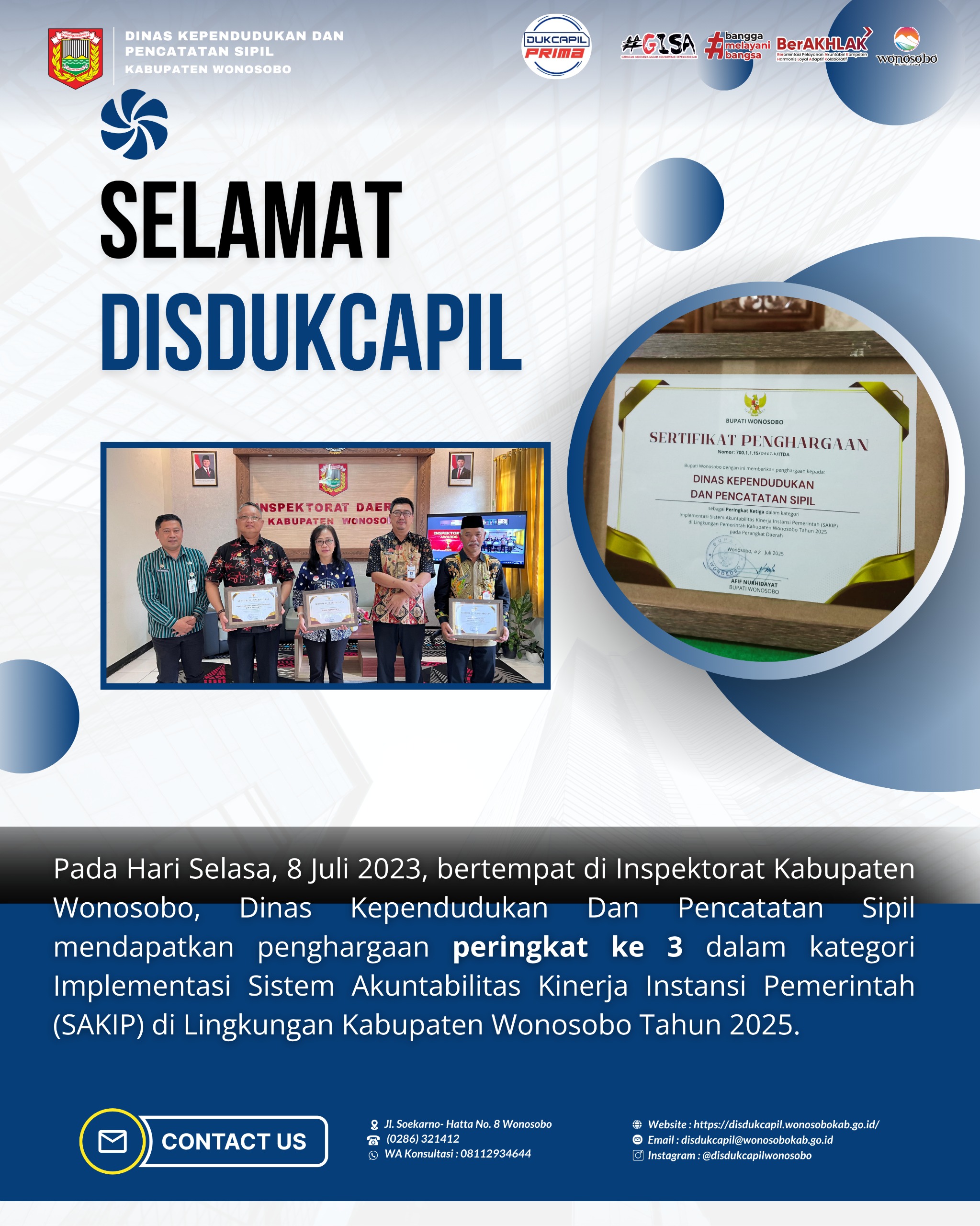 Disdukcapil Wonosobo Raih Peringkat 3 Implementasi SAKIP 2025
