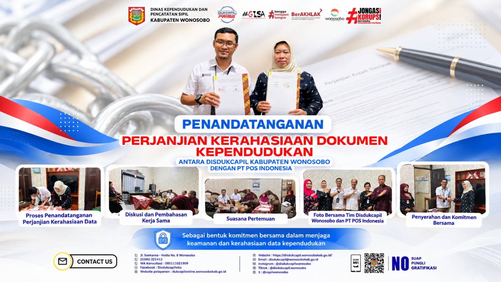 Jamin Keamanan Data Warga, Disdukcapil Wonosobo dan PT Pos Indonesia Teken Perjanjian Kerahasiaan Dokumen